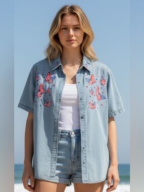 Vintage denim Jean embroidered butterfly shirt , patriotic size large